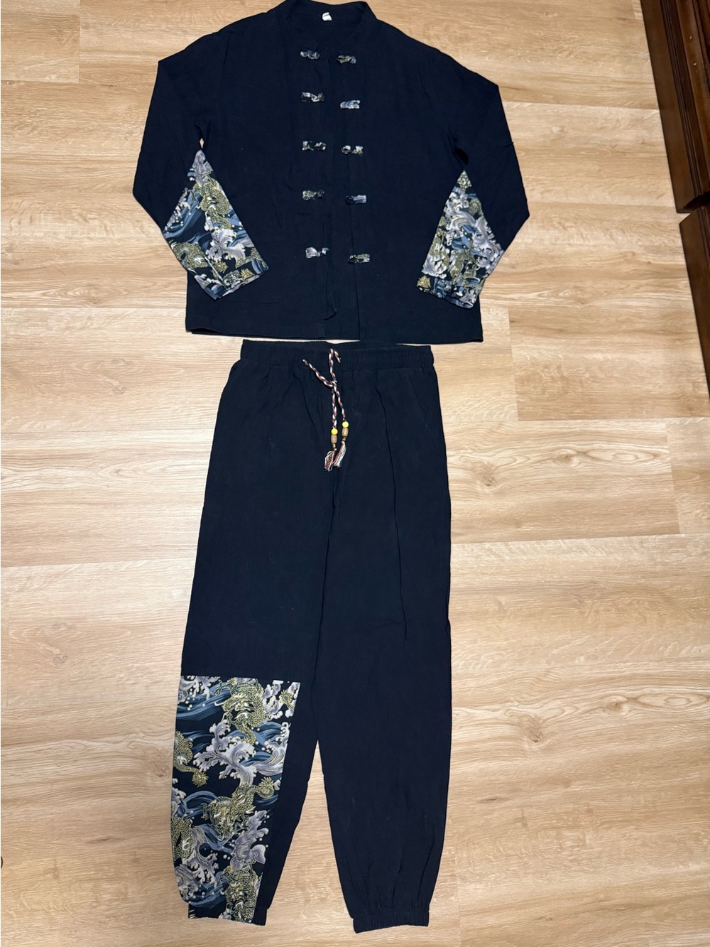 Men’s Black linen set with blue/green dragon print on sleeves and lower legs